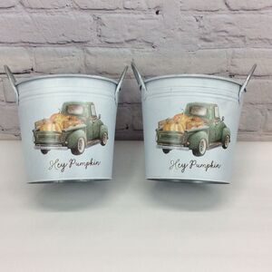 Hey Pumpkin Fall Metal Galvanized Bucket w/Truck Farmhouse Style Decor Set of 2